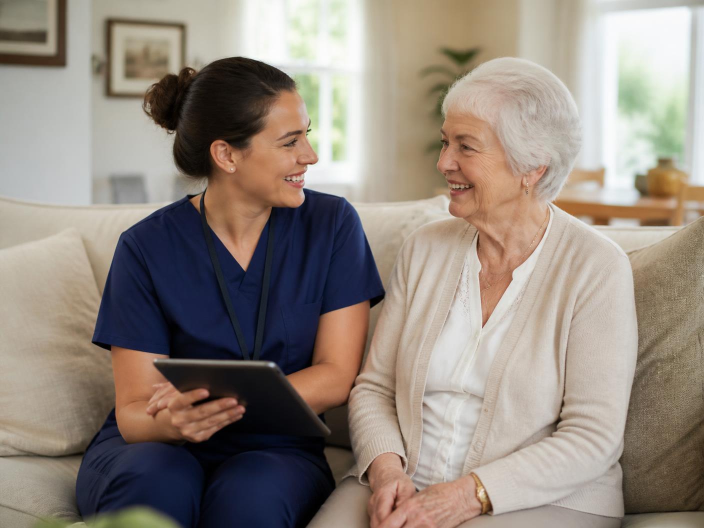 Home care aide reviewing a care plan with a client in her living room